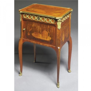 A Louis XV/XVI Transitional Ormolu-Mounted Fruitwood Marquetry Writing Table attributed to Topino 
